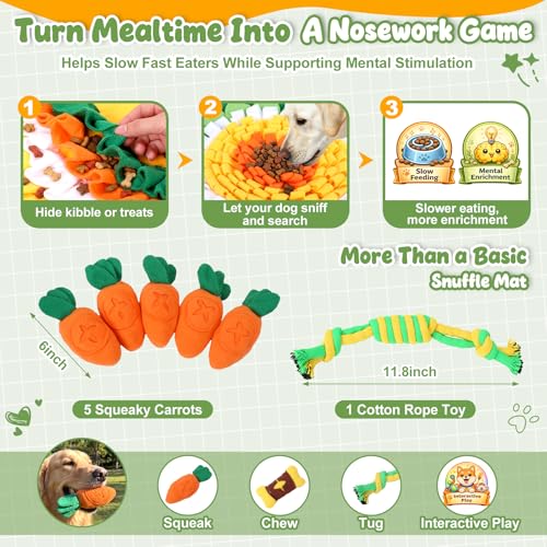 Large Snuffle Mat for Dogs Set 40'' x 30'' Colorful Nosework Feeding Mat with 5 Squeaky Carrots Cotton and 1 Cotton Rope Toy Interactive Foraging Puzzle for Stress Relief Slow Feeding