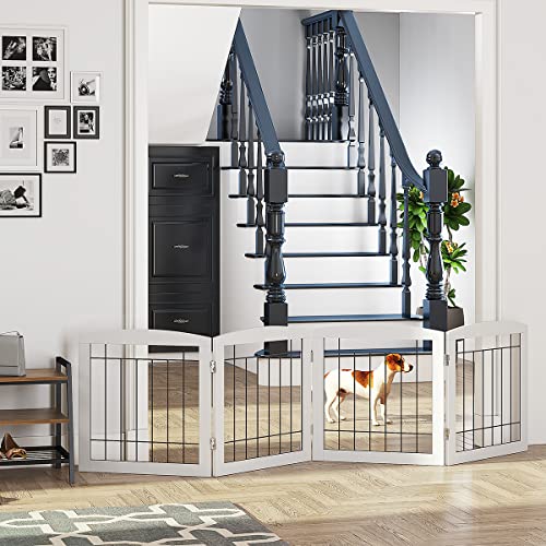 Free Standing Dog Gates for Doorway (White / 【4 Panels】80"W x 24"H)