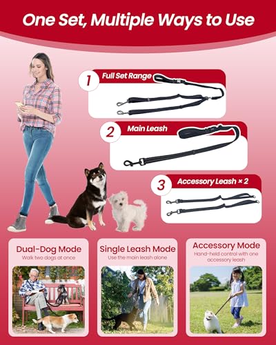 3-in-1 Double Dog Leash, Hands-Free Convertible Leash for 1 or 2 Dogs (Black)
