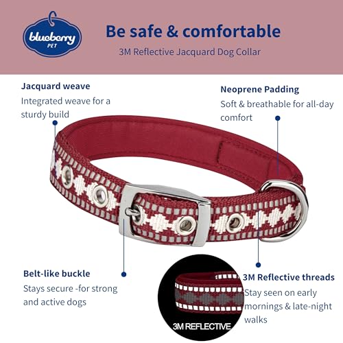 Reflective Jacquard Dog Collar with Neoprene Padding & Metal Buckle (Large / Metal Buckle-Marsala Red)