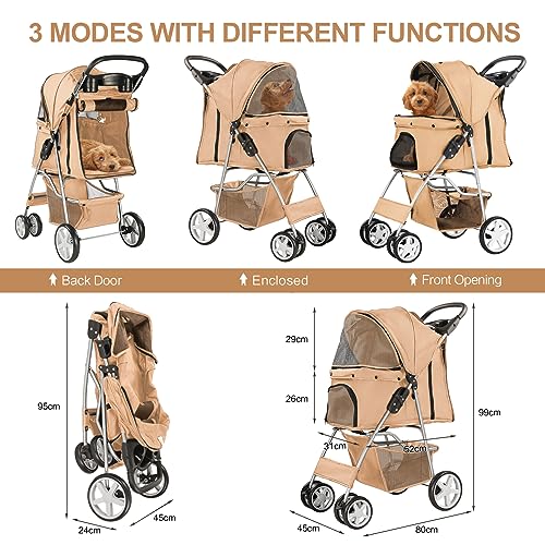 4 Wheel Pet Stroller for Small Dogs and Cats (Beige)