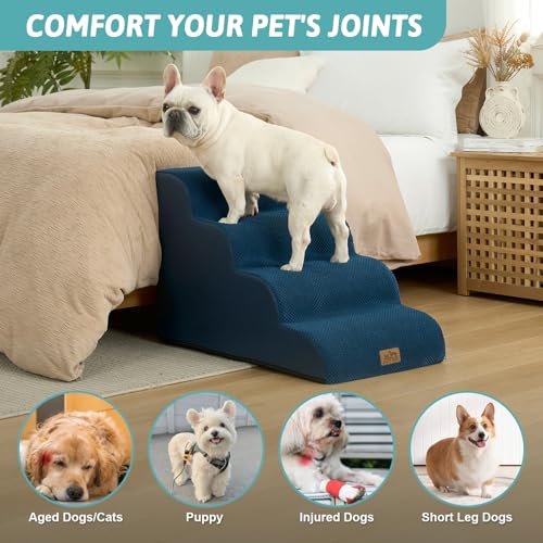 Wide Dog Stairs for Small Dog 19.7" H (Navy Blue / Wide:17.7"x28"x19.7")