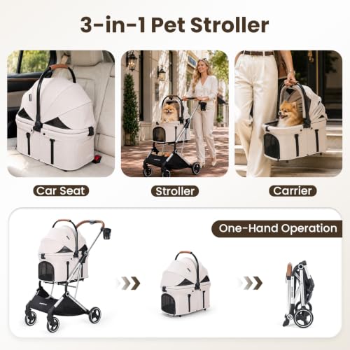 T3 Pro Pet Stroller for Small Dog & Cats up to 44 lbs (Beige / T3 Pro)