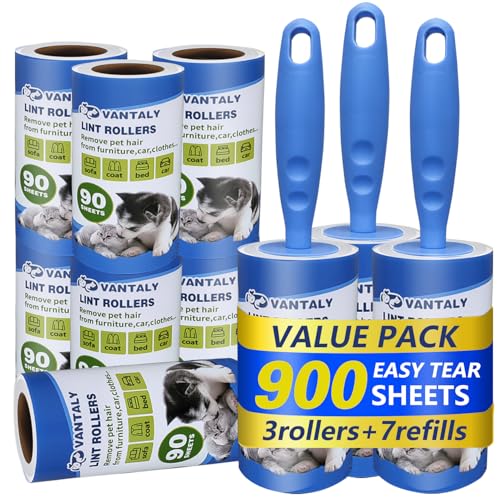 Extra Sticky Lint Roller Mega Value Set 900 Sheets for Pet Hair Removal and Clothes (10pack(900sheets+3hanldes))