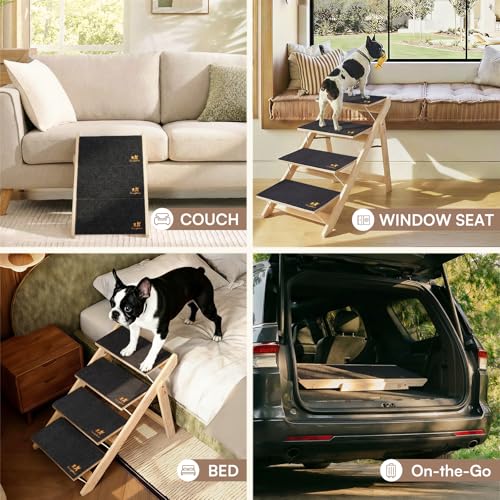 Wooden 2-in-1 Dog Stairs, 3-Step Foldable Anti-Slip Pet Steps