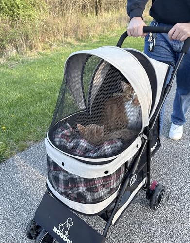 4 Wheel Dog Cat Pet Stroller Best Lightweight Foldable Compact Portable Jogger All Terrain Travel Pet Gear Puppy Doggie Bunny Kitty Stroller for up to 30lbs Medium Small Dogs Cats (Light khaki)