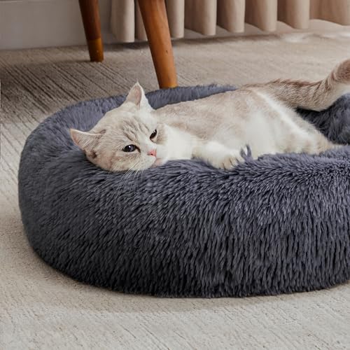 Western Home Calming Donut Cat Bed Small Dog Bed Washable (Navy Grey / 20.0"l x 20.0"w x 6.0"th)