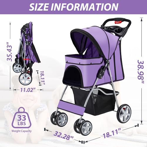 Foldable 4 Wheel Pet Stroller for Dogs Cats 10 (Purple)