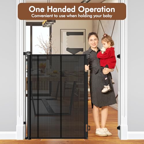 Reinforced 48" Extra Tall X 100" Extra Wide Retractable Baby Gate for Large Openings Extra Tall Dog Gates for Doorways Extra Long Baby Gate Mesh Large Dog Gate Indoor Pet Gate for Cats (Black / Reinforced 48" Tall x 100" Wide)