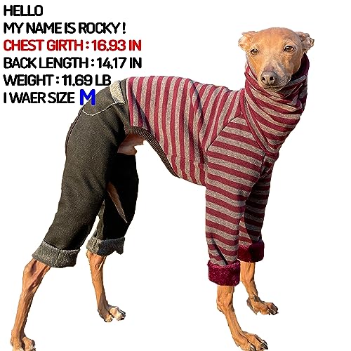 D Doggy Star Italian Greyhound Clothes Stripe Fleece Stretchable Denim Onesie Whippet for Dog Turtleneck Outfits Coat (3XL / Denim Burgundy)