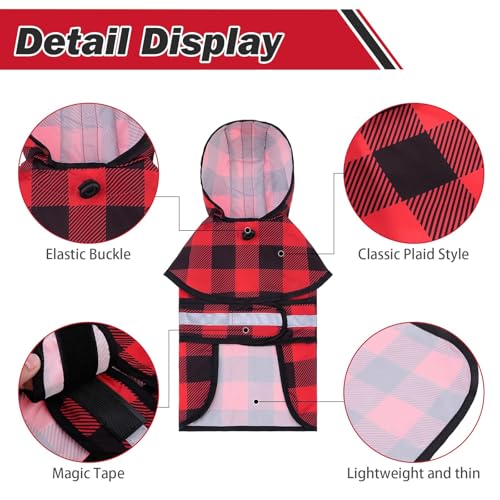 Dog Raincoat Hooded Slicker Poncho with Leash Hole (S:10-15lbs / Plaid Red)