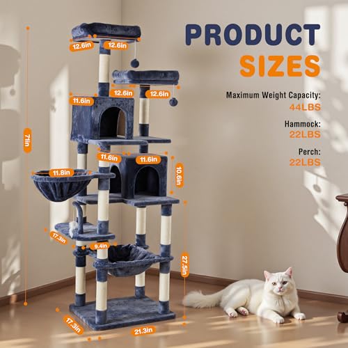 71 Inch Cat Tree Tower with Natural Sisal Scratching Post (Dark Grey / 71IN)