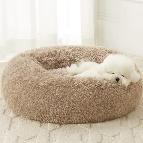 Large Round Calming Dog Bed Cat Bed for Comfy Sleep (36"L x 36"W x 10"Th / Brown)