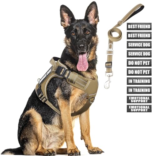 Tactical Dog Harness and Leash Set with 10 Patches for Large Dogs (X-Large / Brown)