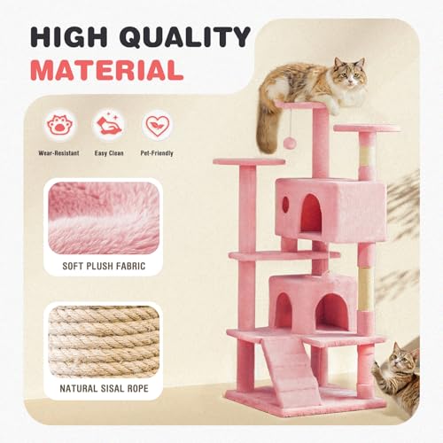 54 Inch Cat Tree Tower with Natural Sisal Scratching Post (Pink / 54IN)