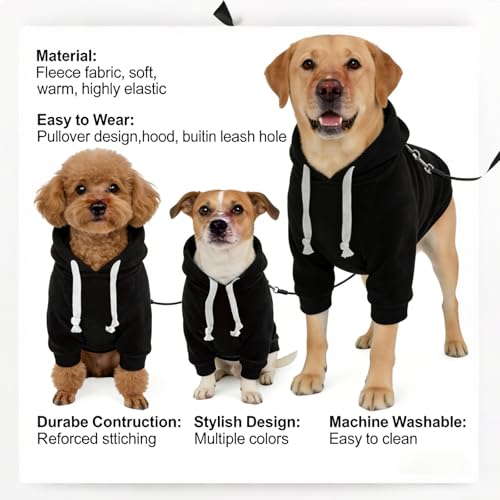 Fleece Dog Hoodie with Leash Hole Dog Clothes for Small to Large Dogs (Black / XX-Large)