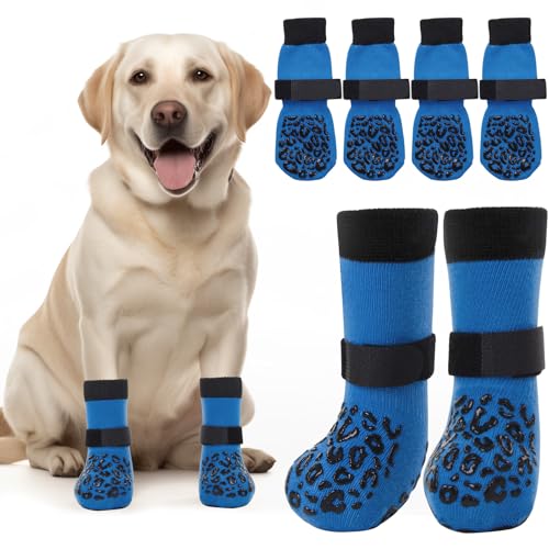 Non Slip Dog Socks with Grippers Prevent from Licking Paws for Senior Dogs (Blue / Large)