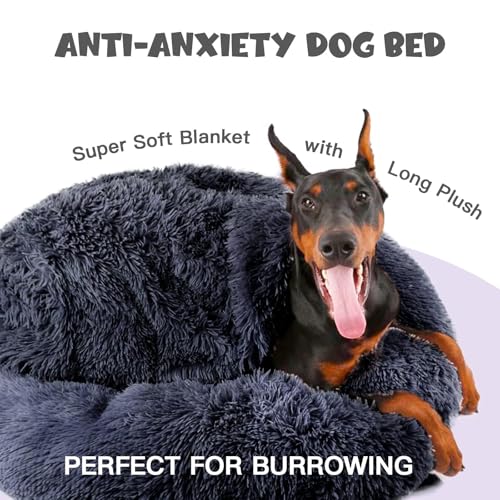 Covered Large Dog Bed with Blanket Attached Calming Burrow Deep Grey (35.0"L x 35.0"W x 10.0"Th / Grey)