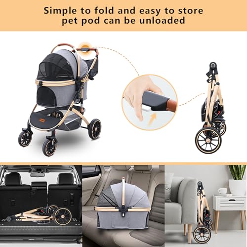 Dog Stroller with Removable Carrier Foldable Pet Stroller (gray)