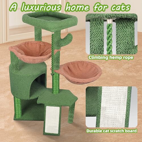 Wang Xin Three Layer Cat Tree with Cat Condo Scratch Pad and Two Hammocks (Small / Green)