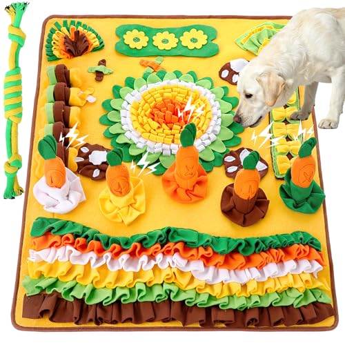 Large Snuffle Mat for Dogs Set 40'' x 30'' Colorful Nosework Feeding Mat with 5 Squeaky Carrots Cotton and 1 Cotton Rope Toy Interactive Foraging Puzzle for Stress Relief Slow Feeding