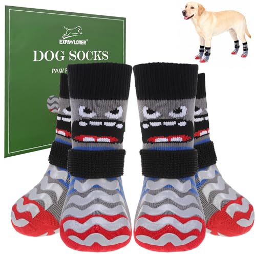 Dog Socks to Prevent Licking Paws with Grippers for Hardwood Floors Anti Slip (Large / Grey)