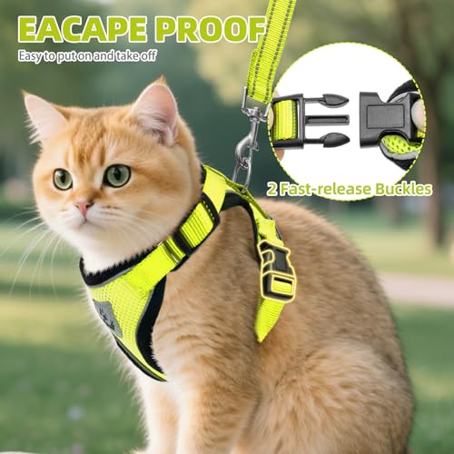 Cat Harness and Leash Set Escape Proof Reflective Cat Walking Harness Adjustable Soft Breathable Mesh Vest for Small Pets (M (NECK 11"-13.7", CHEST 16"-20") / Fluorescent Yellow)