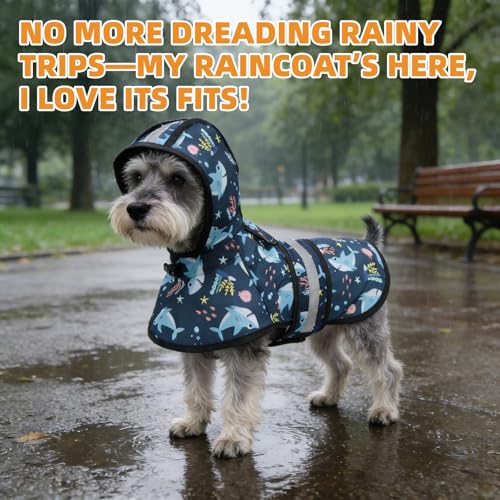 Dog Raincoat Hooded Slicker Poncho with Leash Hole (M:15-20lbs / Blue Shark)