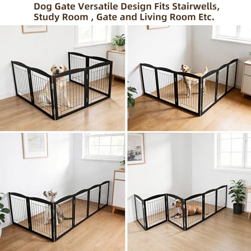 Freestanding Foldable Dog Gate for House Extra Wide Wooden Black Indoor Puppy Gate Stairs Dog Gates Doorways Tall Pet Gate 6 Panels Fence (Black / 【6 Panels】120''w x 24''h)