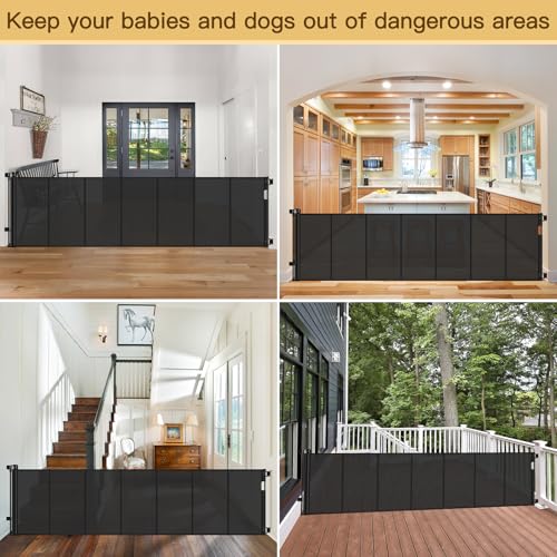 Reinforced Bottom 100 Inch Retractable Baby Gates Extra Wide Baby Gate for Large Openings (Black / 33" Tall x 100" Wide（ With Reinforced Bar ）)