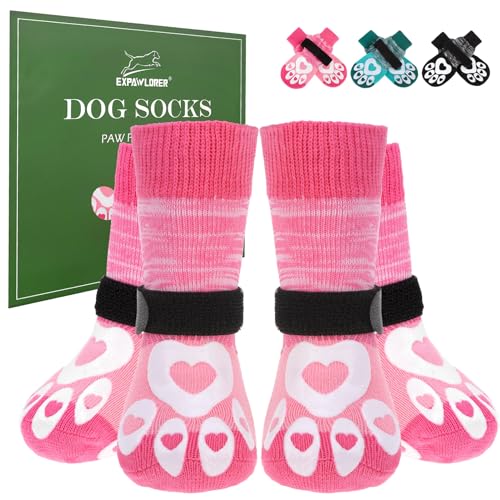 Dog Socks to Prevent Licking Paws with Grippers for Hardwood Floors Anti Slip (Pink / X-Large)