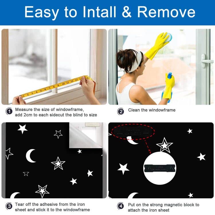 Magnetic Blackout Shades Temporary Blackout Curtains 100% Blackout Blind Window Cover for Windows and Doors (Black - Moon & Stars / 57"W x 118"H)