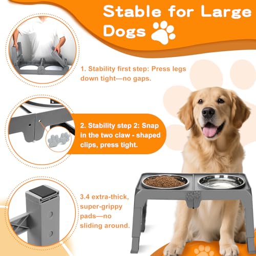 Elevated Dog Bowls for Large Dogs 5 Adjustable Heights 7.5" (Grey / 10" for Large Dogs)