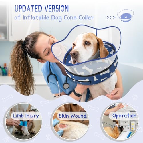 Raised Inflatable Dog Cone Collar to Stop Licking (T Bone Navy / XXL(Neck 18.5"-23.5"))