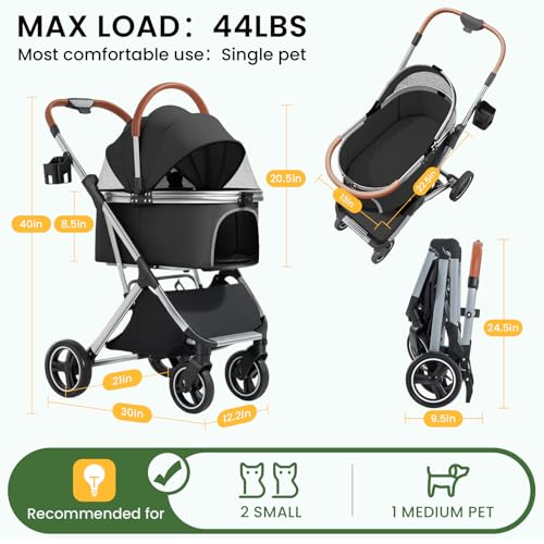 Dog Strollers for Small Medium Dogs Cats 44 lbs (Black)