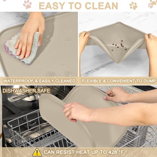 Waterproof Silicone Pet Food Mat with Raised Edge for Dog & Cat (Beige / 22"L x 14"W)