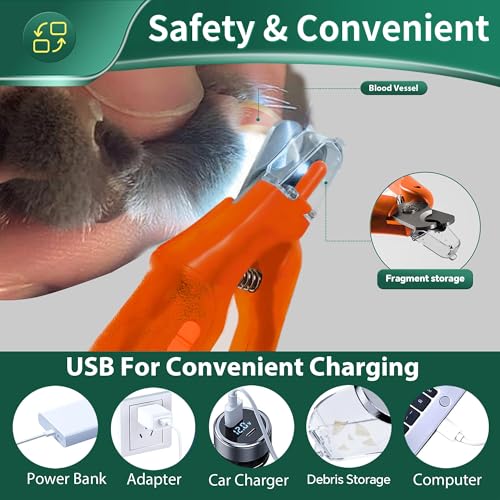 2 in 1 Dog Nail Clippers & Cat Nail Clippers Trimmers for Large Medium Small Dogs Cats Claw Trimmer Quick Sensor and Safety Guard USB Rechargeable Dogs Nail Trimmer with Catcher & 2 LED Lights (Orange)