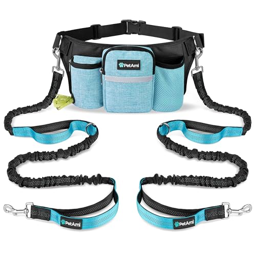 Premium Hands Free Dog Leash for 2 Dogs (Turquoise Blue / 2 Leashes)