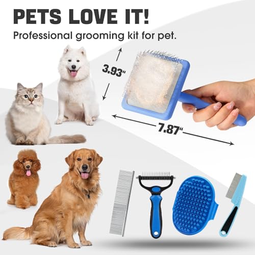 Dog Slicker Brush for Dogs Grooming Kit 5PCS Long Haired Doodles (Blue)