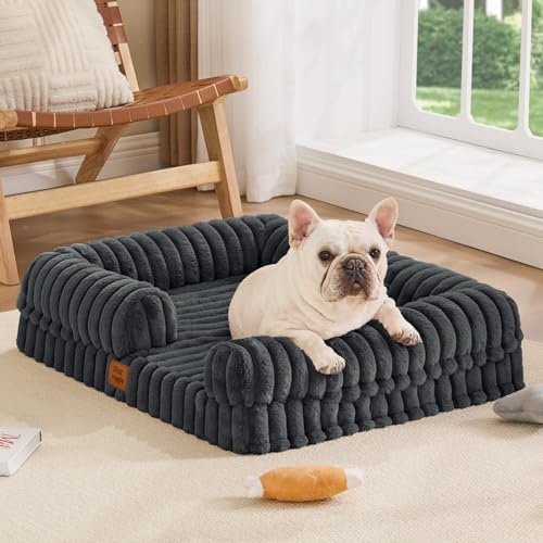 Faux Fur Orthopedic Dog Bolster Bed (Rectangular Dark Grey / M(30*24*7))