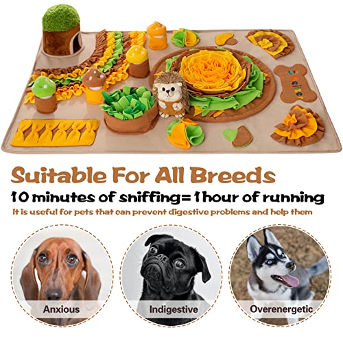 Large Snuffle Mat for Dogs 40'' x 27.5'' Sniff Mat with Hedgehog Puzzle Toy Squeaky Mushrooms Interactive Toys Portable Feeding Mat for Foraging Skills