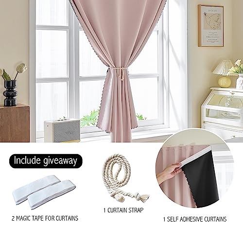 100% Blackout Self Adhesive Curtains Small Window Short Temporary Black Out Curtains Easy to Install Used for Bedroom Kitchen Window Cover (Pink/ Thickened / 35"W x 54"L (Pack of 1))