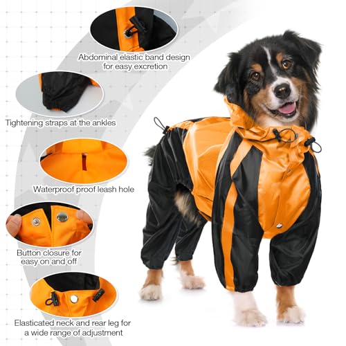 Dog Raincoat 4 Leg Waterproof Dog Rain Jacket with Hood (Orange / X-Large)