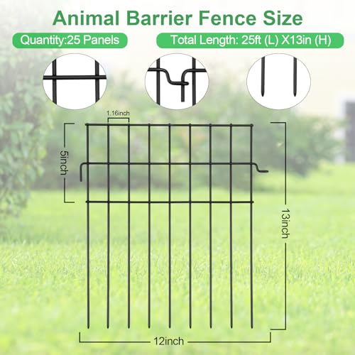 25ft(L) x 13in(H) Animal Barrier Fence,25 Panels 1.16in Gap No Dig Garden Fence for Dogs Rabbits,Rustproof Anti Digging Barrier Garden Edging Border Ground Defense for Outdoor Yard Patio (25 Panels, 25ft(L) x 13in(H))