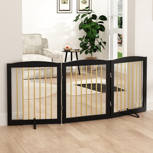 Freestanding Pet Gate for Dogs (24" Height-3 Panel / Black & Gold)