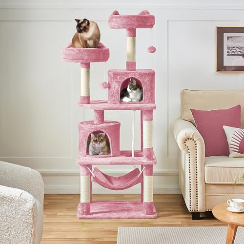 62.5inches Cat Tree Cat Tower Cat Condo with Platform & Hammock (62.5in / Pink)