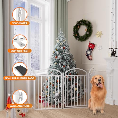 4 Panles Full Matel Freestanding Dog Gates with Door (【4 Panels with Door】96"W*32H" / White)
