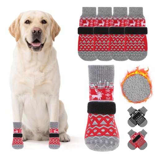 Dog Socks to Prevent Licking Paws (Red Fleece / Large (4 Pack))