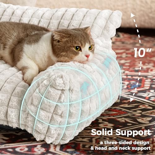 Cat Couch Bed with Fluffy Faux Rabbit Fur for Indoor Cats (Off White / Large: 36"L x 27"W x 10"Th)