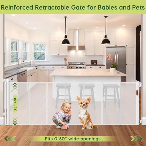 Reinforced 80 Inch Extra Wide Retractable Baby Gate with Support Rods (White / 33" Tall x 80" Wide（ With Reinforced Bar ）)
